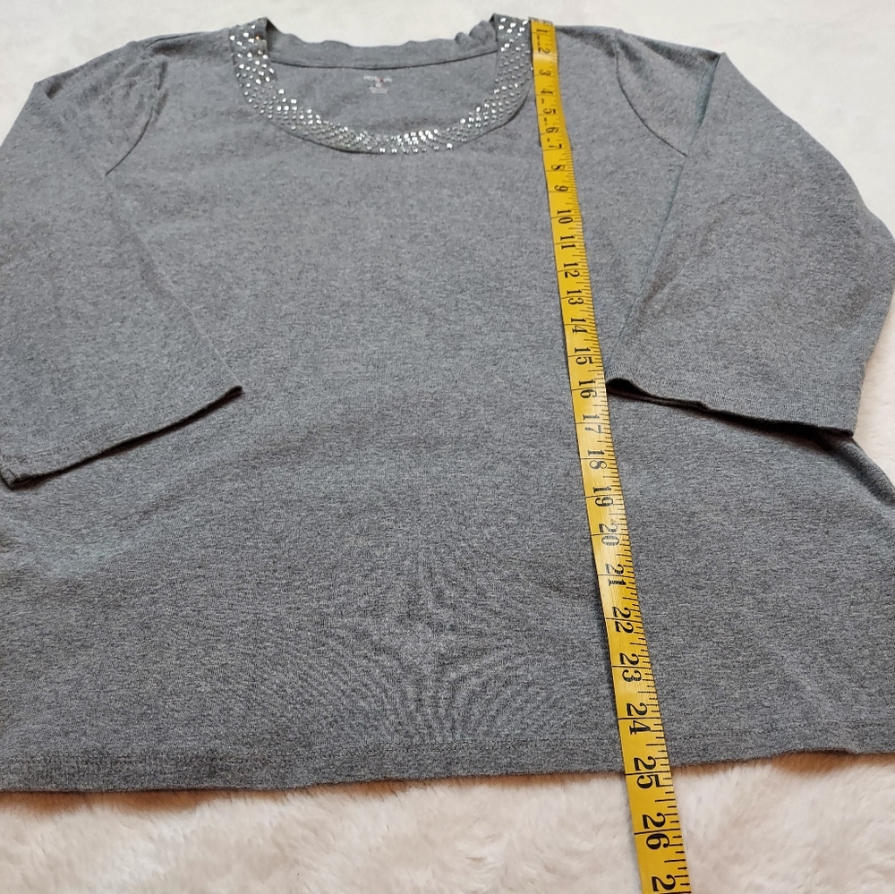 Style & Co. Gray Scoop Neck Rhinestone Neckline 3/4 Sleeve Cotton Top Size XL - Picture 4 of 9